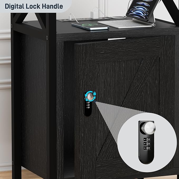runjuly Wooden Nightstand with Charging Station, Bed Side Table with Drawers, Bedside Table with Lock, 3 USB & 2 Outlets, Night Stand with Cabinet Storage, End Table for Bedroom, Black