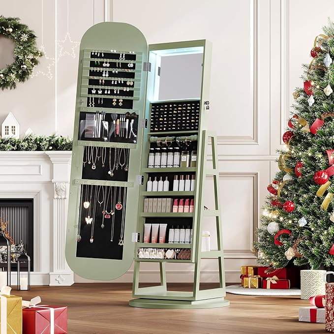 360° Swivel Jewelry Mirror Cabinet with Lights, Inside Makeup Mirror, Standing Jewelry Armoire Organizer, Rotatable Full-Length Mirror with Jewelry Storage, Lockable with Back Storage Shelves (Green)