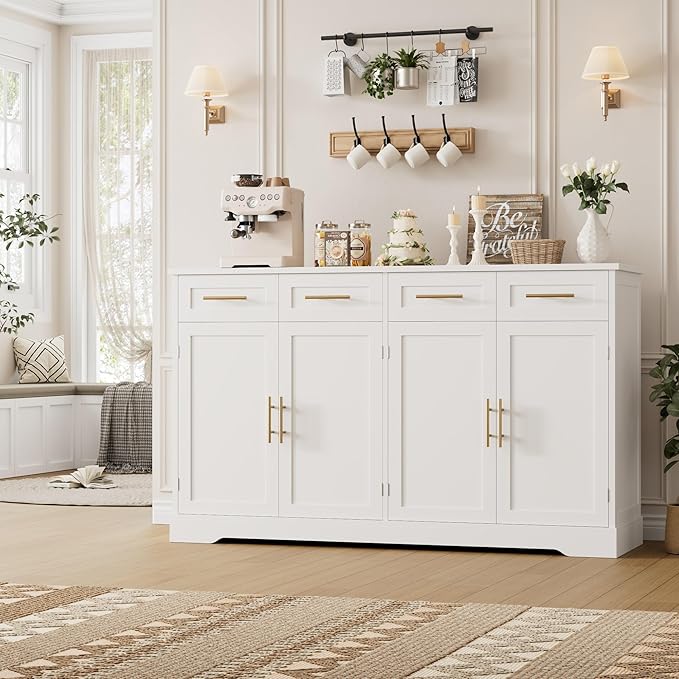 HOSTACK 60" Large Buffet Sideboard with Storage, 36" Tall Kitchen Buffet Storage Cabinet with 4 Drawers, Modern Coffee Bar Cabinet with Gold Handles, Long Sideboard Buffet Table for Kichen, White