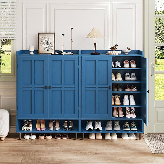 ComfyCorner Blue 7+1 Tier Farmhouse Shoe Storage Cabinet - 45" Tall Entryway Organizer with Cross Molding Doors, 3 Adjustable Shelves & Metal Legs, Shoe Rack for Front Door Entrance