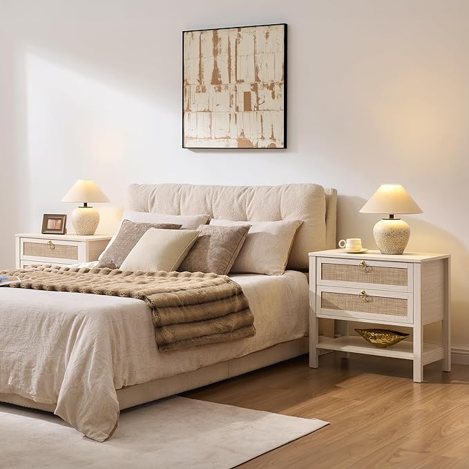 SICOTAS Boho Rattan Nightstand Set of 2, 26.7" Extra Wide Bedside Table with 2 Drawers & Open Shelf, White Oak Large Side Table for King Size Bed, Modern Coastal End Table for Master Bedroom