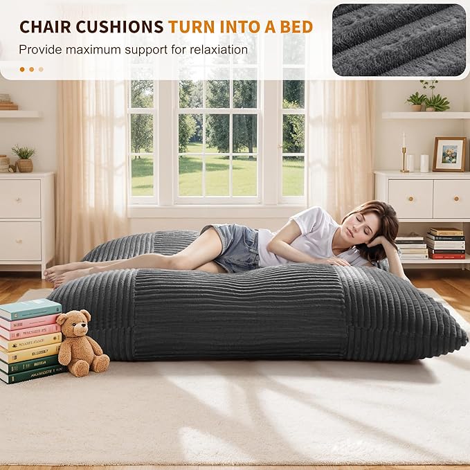 Oversized Cloud-Like Couch Single Seat, Extra-deep Seat Soft for Living Room, Minimalist Convertible Stuffed Bean Bag Cushion with Removable Washable Cover, Corduroy Dark Grey