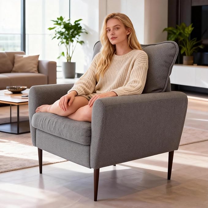OLIXIS Comfy Accent Chair for Living Room Bedroom and Waiting Room, Upholstered Mid-Century Reading Chair with Pillow and Solid Wood Legs, Wide Singe Modern Lounge Sofa Gray, 2 Pack