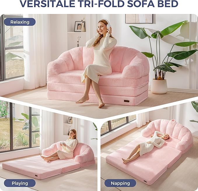 MAXYOYO Folding Sofa Bed, 2 in 1 Convertible Sofa to Lounger Comfy Loveseat Bean Bag Chair for Adults, Floor Sleeper Couch with Handle, Faux Fur Couch Bed for Living Room Bedroom, Pink, Loveseat