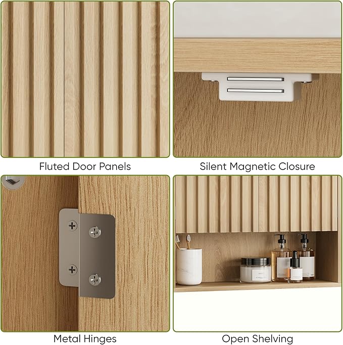 Smart FENDEE Bathroom Wall Storage Cabinet with Fluted Doors, Medicine Cabinet with Adjustable Shelf, Over The Toilet Storage Cabinet for Laundry Room & Kitchen & Living Room, Natural