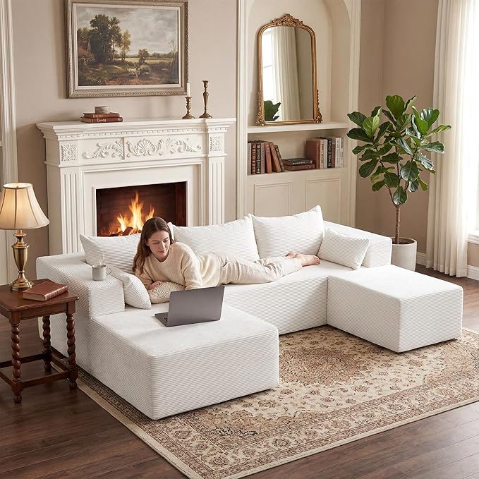 106" Cloud Sectional Boneless Couches for Living Room, Modular U Shaped Couch with Deep Seat, Removable Ottoman, Memory Foam Compressed Spineless 4 Seater Sofa for Bedroom Apartment, Beige