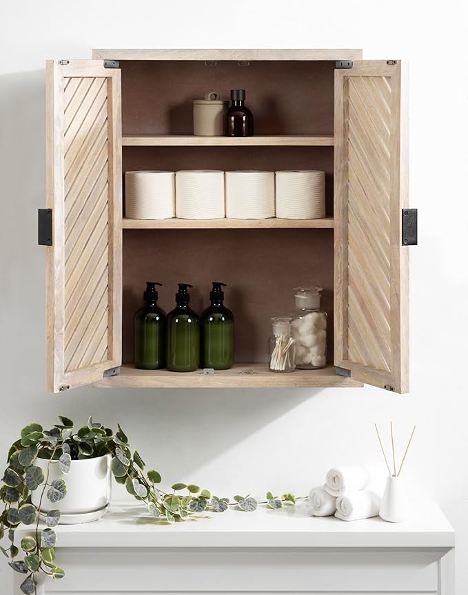 Kate and Laurel Mezzeta Decorative Coastal Two-Door Floating Bathroom Cabinet, 22 x 7 x 28, Whitewash, Decorative Over Toilet Storage Cabinet Made from Solid Mango Wood with Slatted Chevron Design