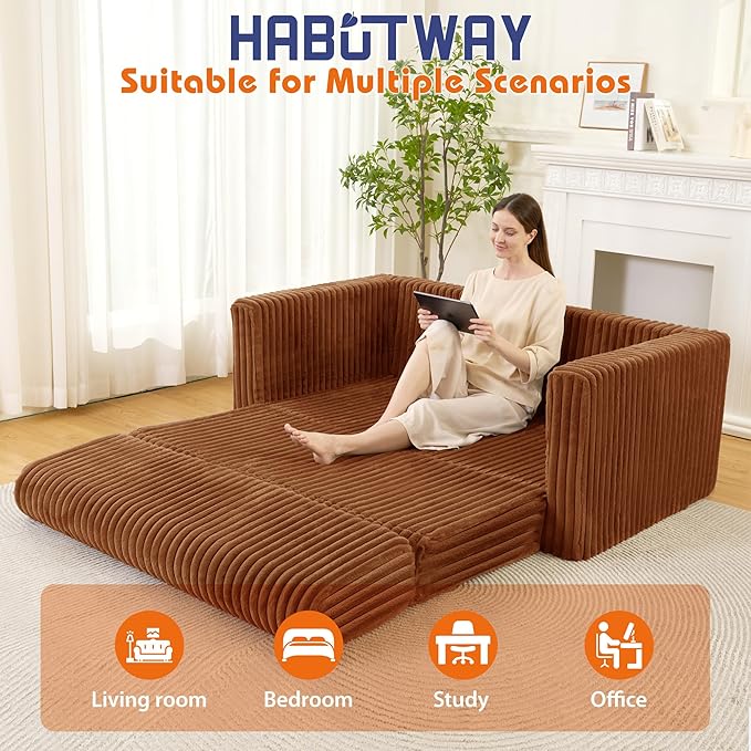 HABUTWAY 49.8" Loveseat Boneless Couch, 4-in-1 Convertible Sofa Bed, Plush Fur Folding Futon Sofa Bed Couches Without Pillow for Living Room, High-Density Foam Support, No Assembly Required, Orange