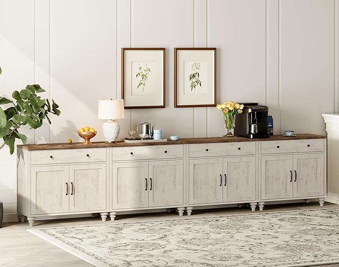 WAMPAT Buffet Cabinet with 8 Doors and 4 Drawers, Modern Coffee Bar Table Wood Kitchen Storage Cabinets, Farmhouse Sideboard Credenza for Dining Room, Rustic White, 134 inch