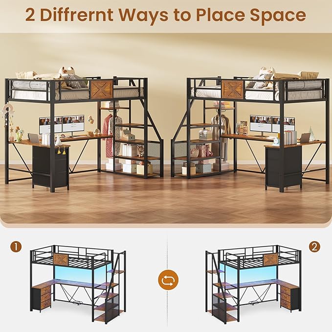 Itaar Stairway Twin Size Loft Bed with L Shaped Desk and Wardrobe, Metal Loft Bed Frame with Storage Stairs, 3 Fabric Drawers, LED Lights & Charging Sation, Rustic Brown