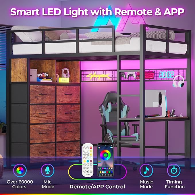ADORNEVE Twin Size Loft Bed with Desk and 8 Storage Drawers, Metal Kids Loft Bed Twin with LED Lights & Charging Sation, Storage Shelves, 13.1" H Safety Guard & Ladder, Rustic Brown