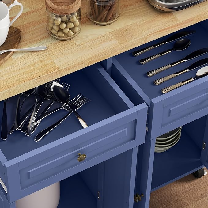 HOMCOM Kitchen Island Cart with Solid Wood Top, 44" Mobile Kitchen Island Table on Wheels with Storage Cabinets, 2 Drawers, Adjustable Shelves, Spice Rack & Towel Bar for Dining Room, Navy Blue
