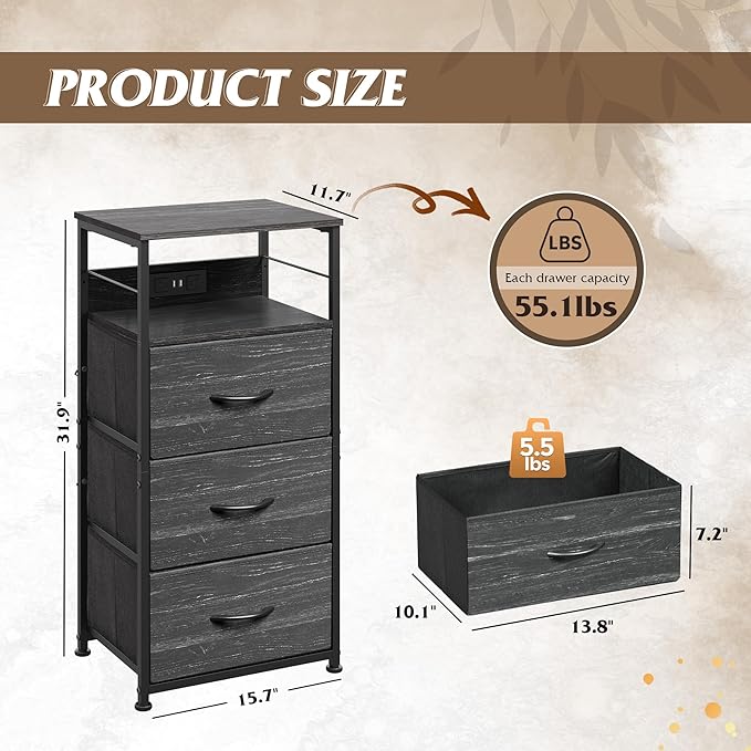 WLIVE Nightstand with Charging Station, 31.9" H Nightstand with 3 Fabric Drawers, LED Bedside Table with USB Ports and Outlets, End Table for Dorm, Bedroom, Entryway, Charcoal Black Wood Grain Print