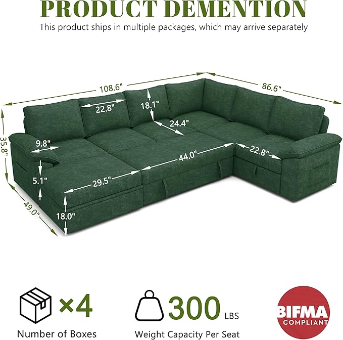 108 Inch Modular Sectional Sofa with Pull Out Bed,U Shaped 7 Seat Sectional Sleeper Sofa with Storage,Sectional Couches for Living Room,Cloud Modular Couch,Removable Sofa Cover,Green