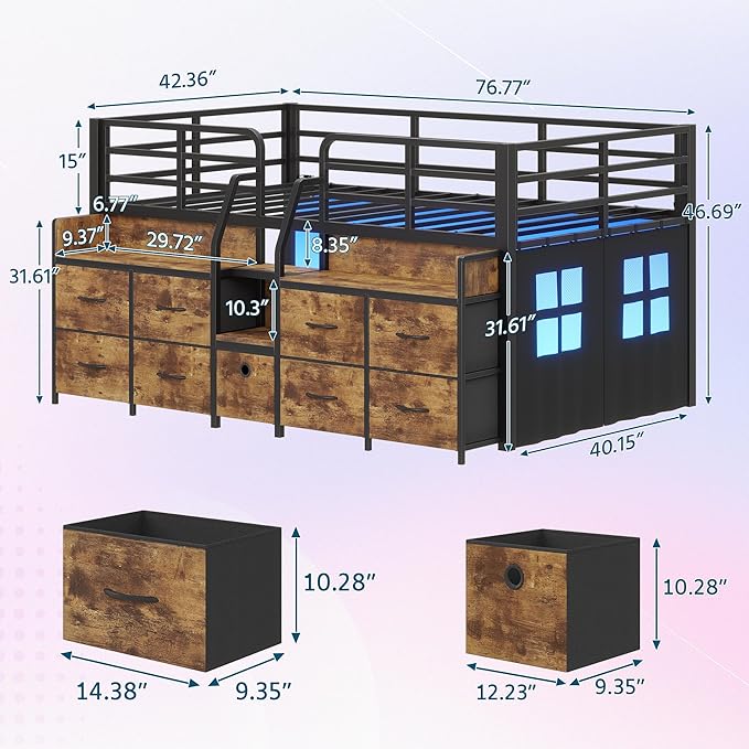 Dnxao Low Loft Bed Twin Size with 9 Drawers and Bookcase, Metal Twin Bed Frames for Kids with Under-Bed Play Space, LED Lights and Charging Station Bedroom Storage, Vintage Brown