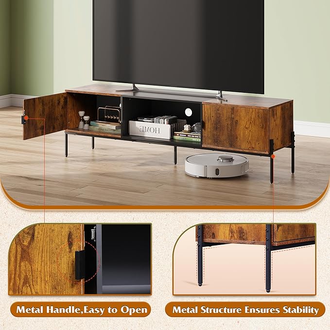 WLIVE 58" TV Stand for 65 Inch TVs, Mid Century Modern Entertainment Center with 2 Storage Cabinets & Open Shelf, Media Console Table with Metal Legs for Living Room, Bedroom, Rustic Brown