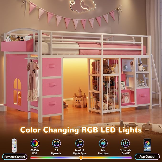 Low Loft Bed Twin Size with 4 Storage Drawers and LED Lights, Twin Loft Bed with Sling Bookcase & Toy Storage, Kids Twin Beds with Anti-Collision Pad & Play Curtain, Under-Bed Play Space, Pink+White