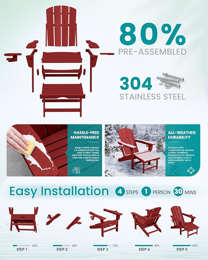 SERWALL Folding Adjustable Adirondack Chairs with Footrest Set of 2, HDPE Outdoor Chair with Dual Cup Holders, All Weather Adirondack Chair with Ottoman, Red