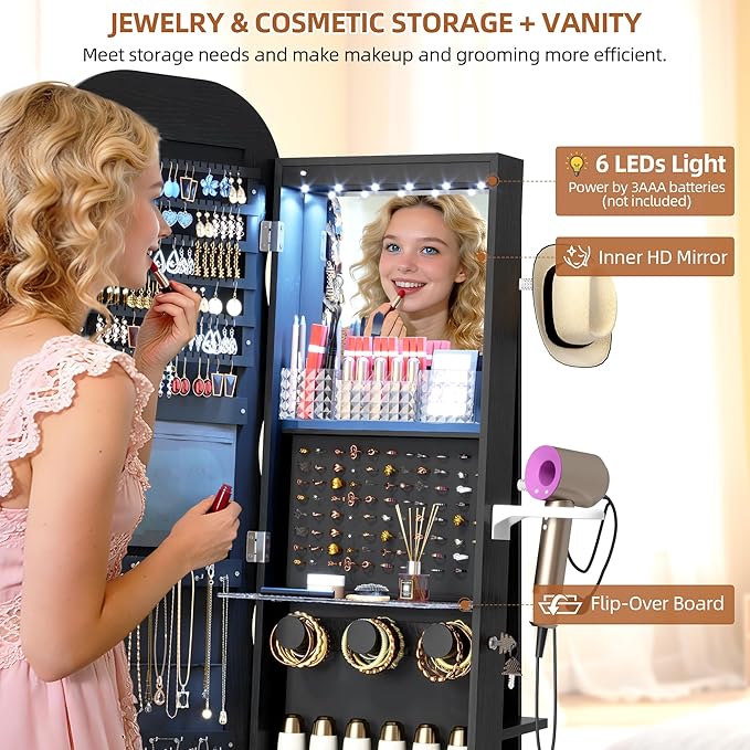Vlsrka LED Mirror Jewelry Cabinet Standing, 360° Swivel Jewelry Aromire Organizer with Wavy Mirror, Lockable Jewelry Mirror with Storage, Jewelry Cabinet, Interior Mirror, Foldable Shelf (LED Black)