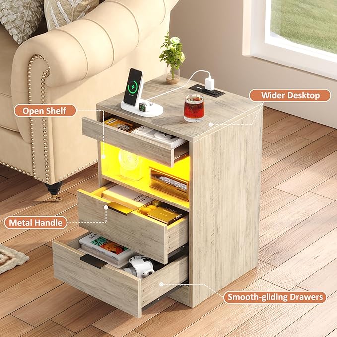 Gadroad LED Nightstand with Charging Station, Bedside Table with USB Ports & Power Outlets, Modern Night Stand with Drawers for Bedroom Small Spaces, Grey