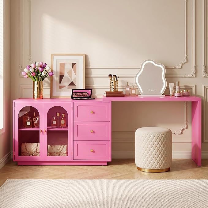 RoyalCraft 83" Makeup Vanity Desk, Pink Vanity Dresser, L Shaped Corner Vanity Table with 3 Drawer & 2 Door, Modern Extendable Dressing Table for Bedroom, Dressing Room, Small Space (Without Mirror)