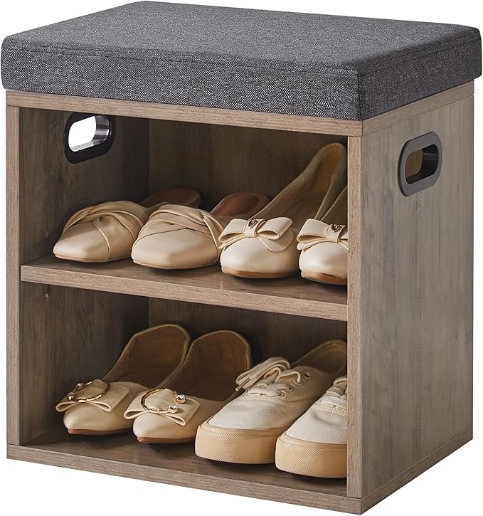 YMYNY Small Shoe Storage Bench with Cushion, 2 Tier Entryway Bench with Shoe Storage, Shoe Rack Bench for Entryway, Living Room, Hallway, Closet, Bedroom, 15.4L*11W*16.54H, Silver Gray UHBD028Y