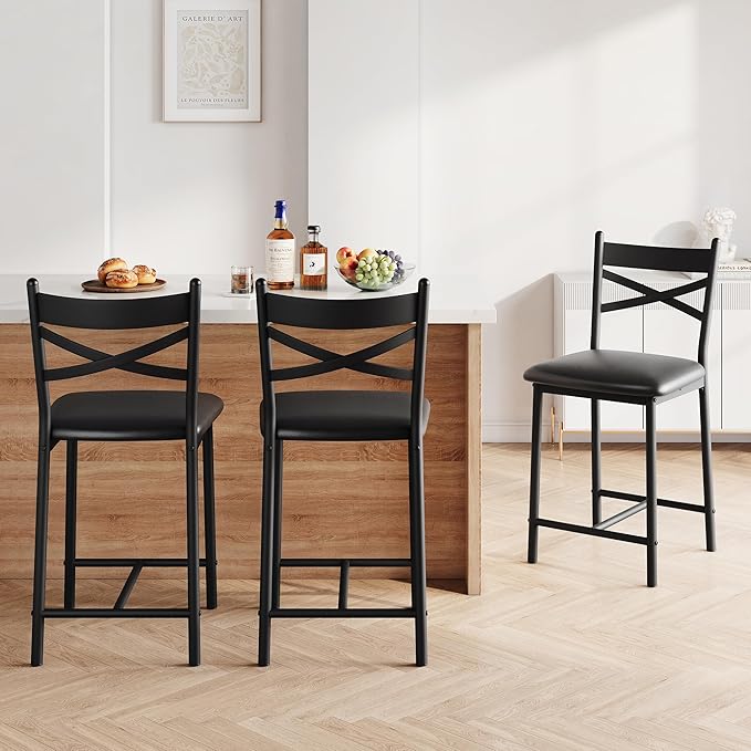IDEALHOUSE 26" Counter Height Bar Stools Set of 2, Upholstered Bar Chairs with Back, Thick Cushion, Modern Counter Height Barstools for Kitchen Island, Apartment Counter, Dining Room Bar (2)