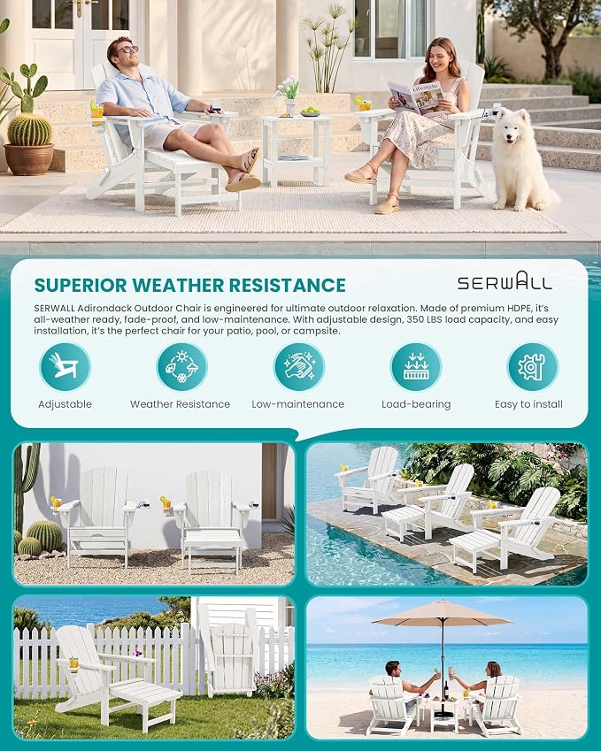SERWALL Folding Adjustable Adirondack Chairs with Footrest Set of 2, HDPE Outdoor Chair with Dual Cup Holders, All Weather Adirondack Chair with Ottoman, White