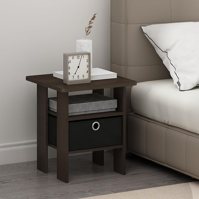 Furinno TIDUR Night Stand Set of 2, Open Shelf Design Nightstand with Storage Bin, Bedside Table, End Table, Side Table, for Bedroom, Closet, Dorm, Dark Brown