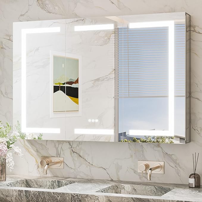 TokeShimi 48x32 Lighted Medicine Cabinet with Mirrored and Sockets, Anti-Fog Led Medicine Cabinet Mirror with Lights 3 Colors Dimmable, Frontlit Mirror with Storage Bathroom Vanity, Surface/Recessed