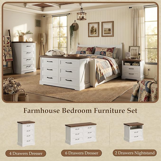AODK 24 Inch Farmhouse Nightstand Set of 2, Bedside Tables with Charging Station, Wood End Tables with 2 Drawers and Open Shelf, Rustic Bed Side Table for Bedroom & Living Room, White & Dark Walnut