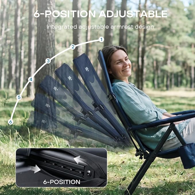 Reclining Camping Chair for Adults Heavy Duty 2 Pack, Folding Recliner Lawn Chairs with 6-Positions Adjustable High Back, Portable Patio Lounge Chairs for Outdoor Poolside Sports Beach