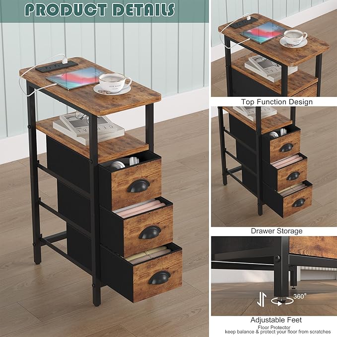 sthmec End Table with Charging Station,LED Side Tables with USB Ports and Outlets,Skinny Bedside Table with 3 Drawers,Small Nightstands for Small Space,Slim Sofa Table for Livingroom,Rustic Brown