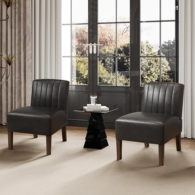 VIRRMO Armless Accent Chairs Set of 2 Upholstered Dining Chairs Living Room Chairs with Solid Wood Legs Bedroom Chair Leather Reading Chair Comfy Chair for Bedroom Vanity Kitchen (Black)