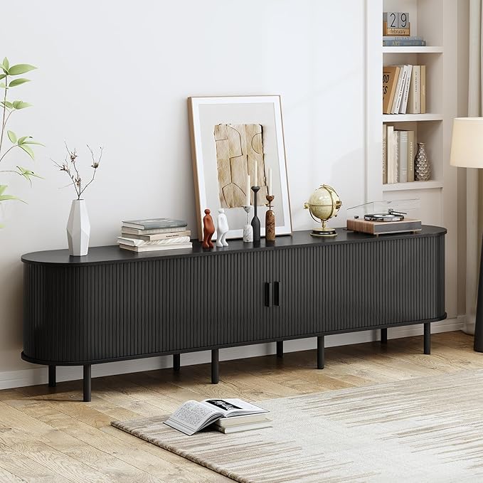 86.6" TV Stand with Power Outlet, Mid-Century Modern Television Stand, Fluted Media Console with Sliding Doors, Entertainment Center for TVs up to 90 Inch, Adjustable Shelves, Black