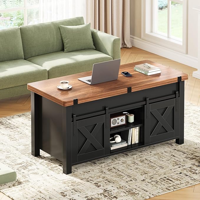 SEDETA Lift Top Coffee Table, 4 in 1 Multi-Function Convertible Coffee Tables with Storage and Hidden Compartment, Farmhouse Coffee Table Converts to Dining Table for Living Room, Black Brown