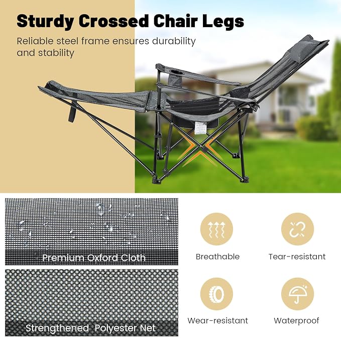GYMAX Camping Chair, Adjustable Reclining Lounge Chair w/Removable Footrest, Padded Pillow, Cup Holder & Side Pocket, Folding Camping Mesh Chair w/Carry Bag for Outdoor Patio Lakeside (1, Grey)