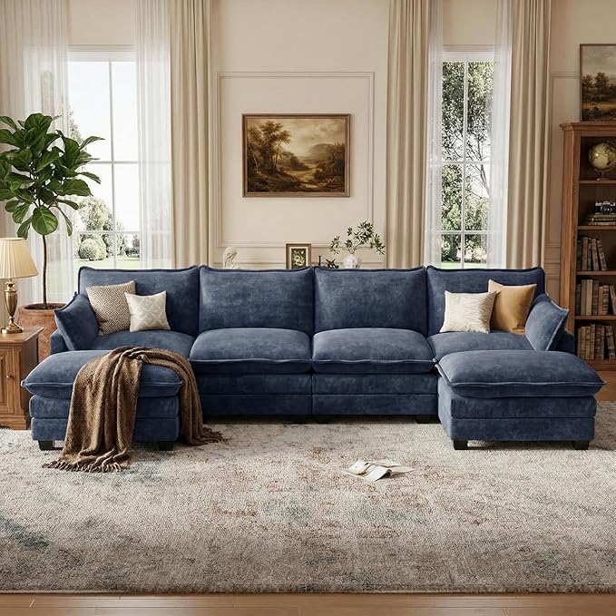 U Shaped Modular Sectional Sofa, Cloud Couch with Movable Ottoman, Comfy Chenille Sofa with Pillows for Living Room, Bedroom, Apartment, Blue