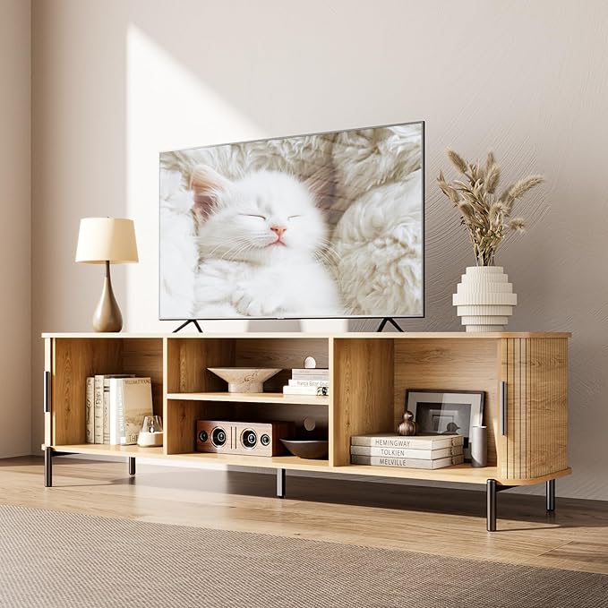 SUNCOZE 70" Mid-Century Fluted TV Stand with Storage, Modern Entertainment Center for TVs up to 80 Inch with Sliding Tambour Doors & Open Shelves, Media Console for Living Room or Bedroom, Wood