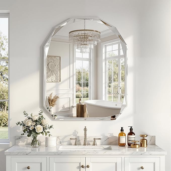 Suidia Bathroom Mirror, 30"x 36" Wall Mirror, Frameless Bathroom Mirror with Beveled Edge for Bedroom, Living Room, Entryway, Hallway, Arched Shape