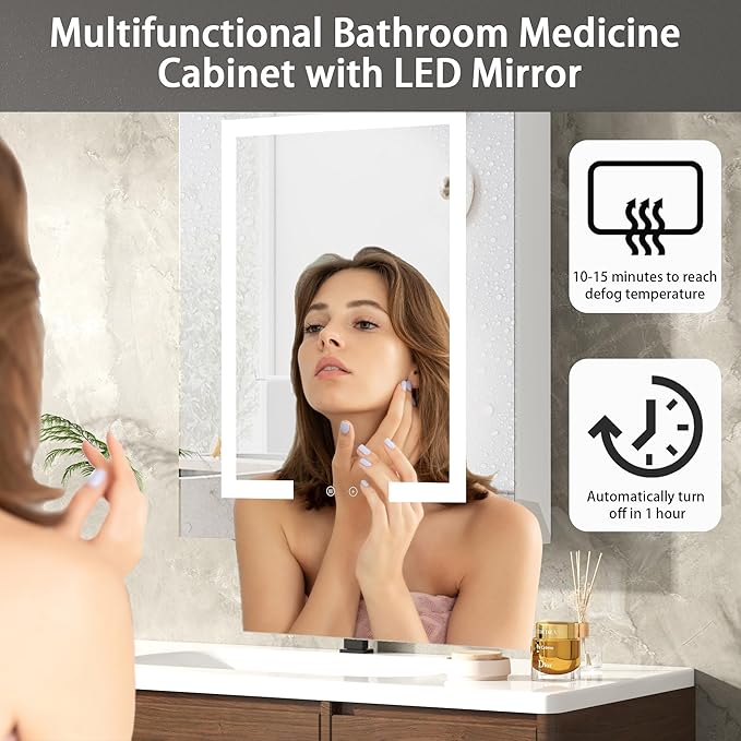 DEYGIA LED Medicine Cabinet with Mirror for Bathroom, Assembly-Free Lighted Medicine Cabinet, Defog, Stepless Dimming, 3 Colors, 2 Outlets, 2USB, Aluminum Wall Mounted Mirrored Cabinets, 24”Wx30“H
