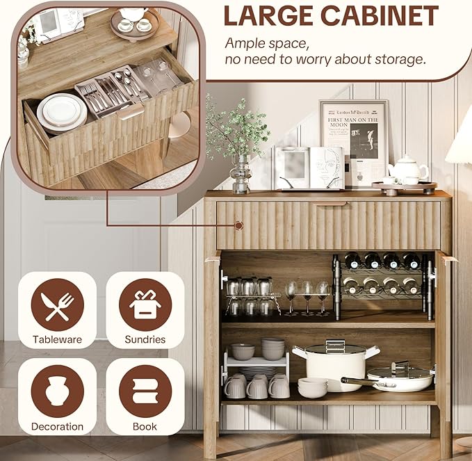 Fluted Buffet Cabinet with Storage - Modern Sideboard Accent Credenza with Doors & Drawer Wood Console Coffee Table Bar Counter for Living Room Kitchen Dining Room Entryway, Easy Assembly 31" Oak