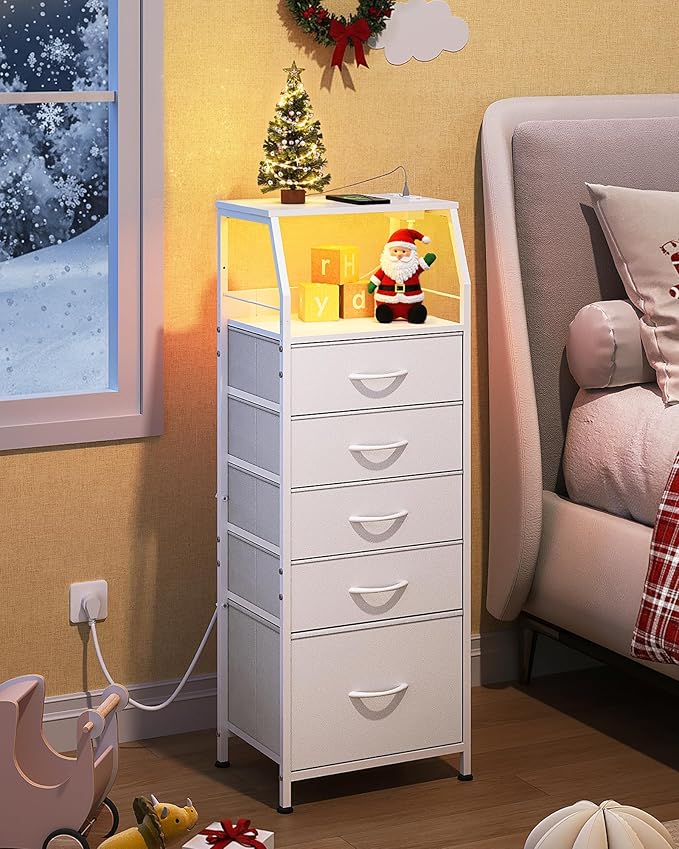 WLIVE LED Nightstand with Charging Station, White Dresser with 5 Fabric Drawers for Bedroom, Tall Night Stand with Open Shelves, Bed Side Tables Living Room