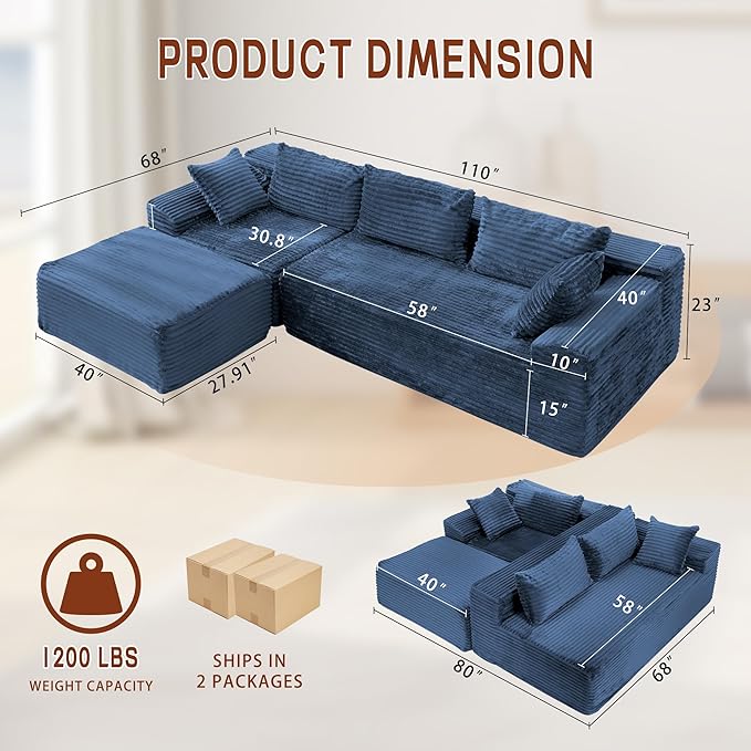 Korser 110" L-Shaped Modular Sectional Sofa with Chaise, Boneless Comfy Corduroy Fluffy Couch with Deep Seat and Side Pockets, Flexible Module Combination for Living Room, No Assembly, Side Pockets