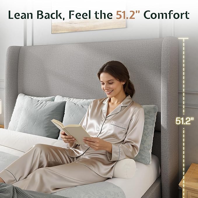 Jocisland Full Bed Frame 51.2" Wingback Headboard Linen Upholstered Platform Bed,Solid Wood Legs & Wooden Slats,No Box Spring Needed,Noise-Free,for Teen Room Small Bedroom Cozy Home,Light Grey