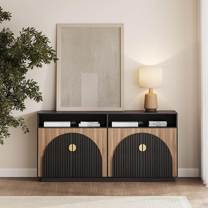 BELLEZE 65-inch Fluted Sideboard Buffet Cabinet with Open Shelf, Mid Century Modern Sideboard with Adjustable Shelves & Cable Management, Wooden Accent Cabinet for Dining Room, Living Room - Camel