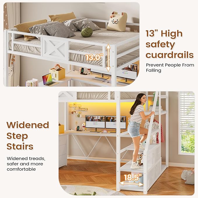 Itaar Full Size Loft Bed with Desk and Storage Stairs, Metal Loft Bed with 6 Storage Drawers, Hall Tree, LED Lights and Power Outlet, for Kids, Teens, Adults, White