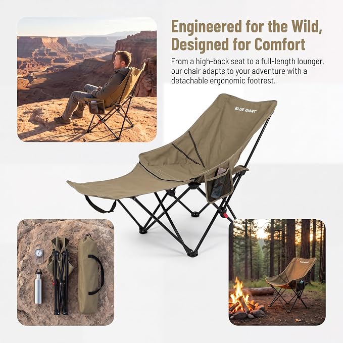 Portable Folding Camping Chair with Detachable Footrest, Adjustable Reclining Lounge Chair, Metal, with Side Pocket, for Beach, Patio, Fishing, Office Nap
