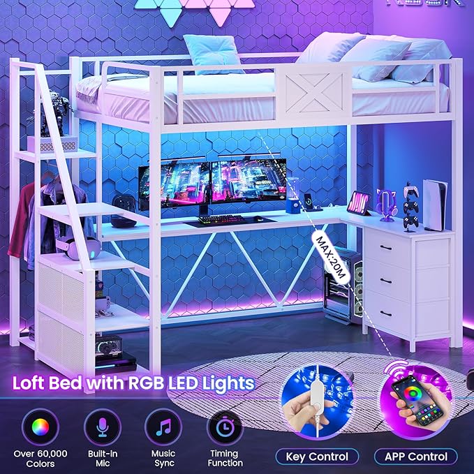 Itaar Stairway Twin Size Loft Bed with L Shaped Desk and Wardrobe, Metal Loft Bed Frame with Stairs, 3 Fabric Drawers, LED Lights & Charging Sation, No Noise & No Box Spring Needed, White