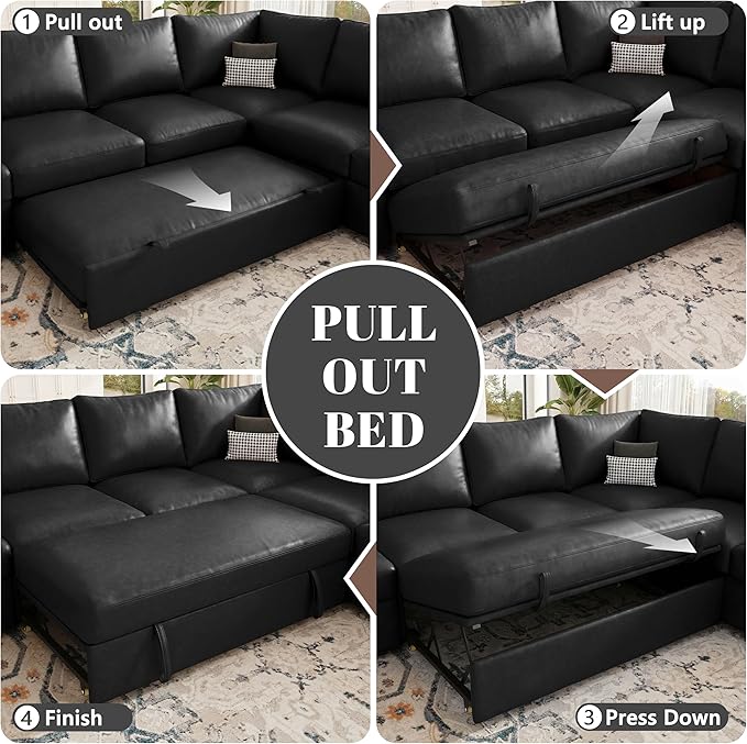 85 Inch Faux Leather Modular Sectional Sofa with Pull Out Bed, L Shaped 5 Seat Sectional Sleeper Sofa with Storage, Sectional Couches for Living Room, Cloud Modular Couch,Black Leather